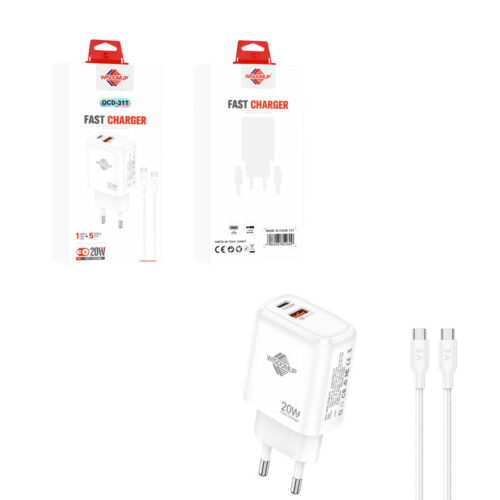 Wisdomup Φορτιστής Κινητού USB-C και USB με Καλώδιο Type-C σε Type-C 20W OCD-31T - Fast Charger with Type-C to Type-C Cable