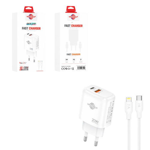 Wisdomup Φορτιστής Κινητού USB-C και USB με Καλώδιο Lightning σε Type-C 20W OCD-31P - Fast Charger with Lightning to Type-C Cable